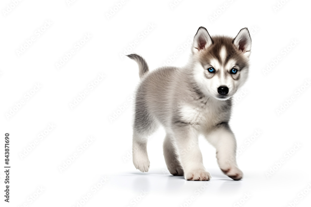 An adorable husky puppy with striking blue eyes and fluffy fur stands on a white background, capturing a playful and curious moment. An adorable husky puppy with striking blue eyes and fluffy fur stands on a white background, capturing a playful and curious moment.