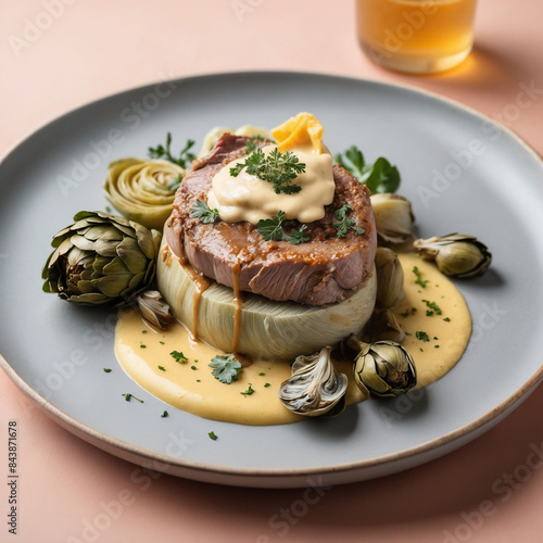Pork cheek, soubise, artichoke on a peach fuzzy color plate and background,  photo