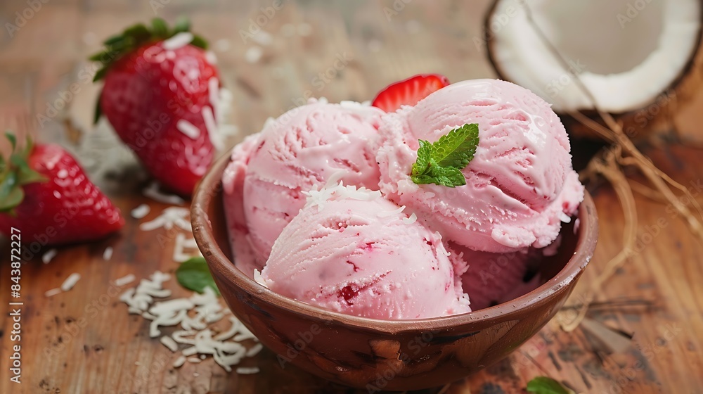 strawberry and coconut ice cream on wooden table strawberry and coconut ice cream on wooden table