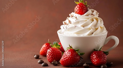 Strawberries and whipped cream cup isolated over a brownbackground photo