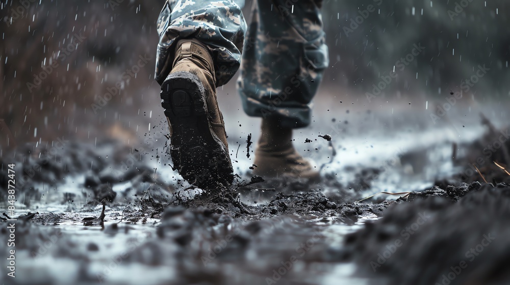 close-up of army boots passing through puddles close-up of army boots passing through puddles