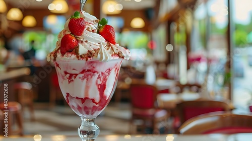 Strawberry sundae in an ice cream parlor