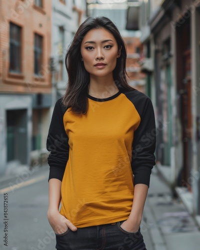 A woman wearing a mustard yellow raglan shirt with black sleeves poses in a city alleyway © Leli