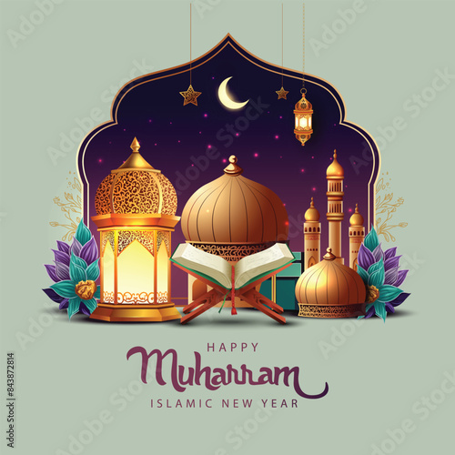 happy Muharram art greetings with golden mosque and brown background wallpaper. abstract vector illustration design.