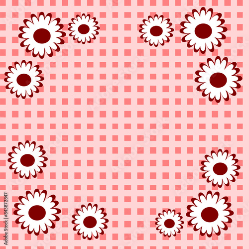 Pastel pink square background filled with daisies.