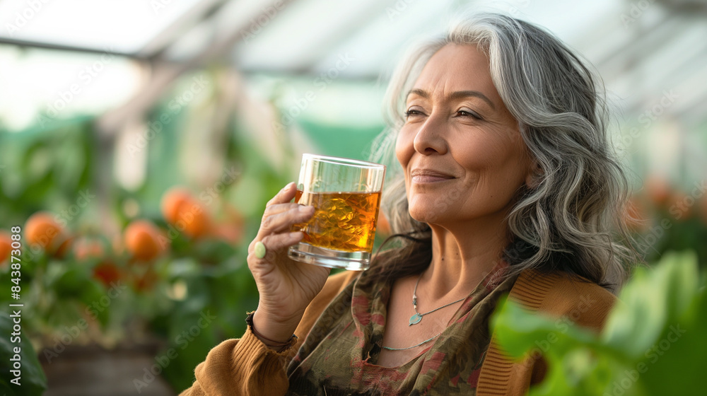 Radiant Senior Woman Enjoying Herbal Tea in a Sunny Greenhouse Radiant Senior Woman Enjoying Herbal Tea in a Sunny Greenhouse