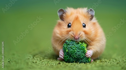 hamster eating broccoli isolated on a green background