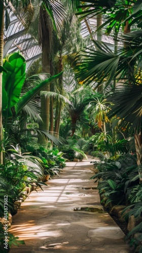 Walkway in a tropical garden with lots of plants