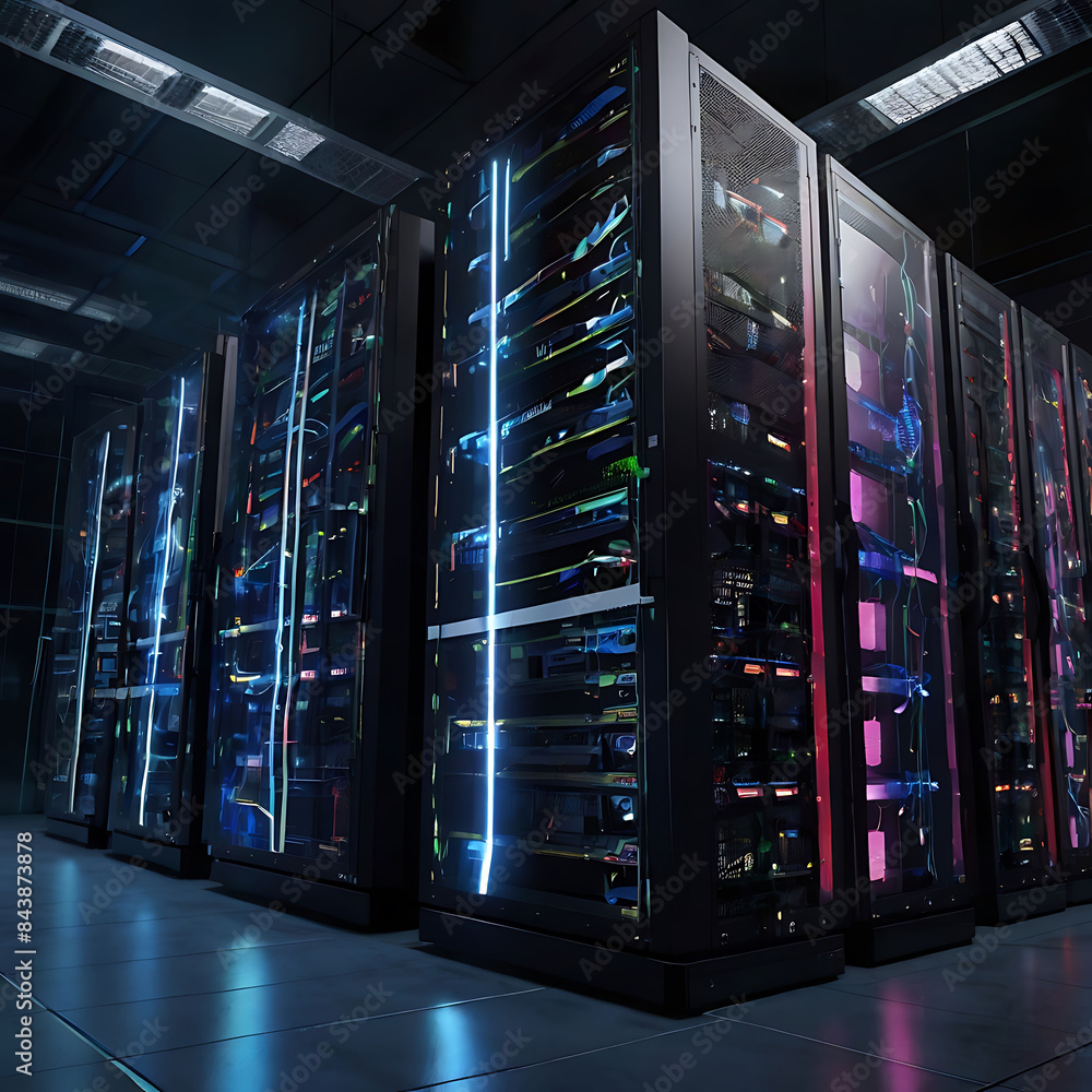 Big Data Technology Center Server Racks in Dark Room with VFX. Futuristic Visualization Concept of Internet of Things, Digitalization of Traffic. Information Equipment Warehouse. Generative Ai. Big Data Technology Center Server Racks in Dark Room with VFX. Futuristic Visualization Concept of Internet of Things, Digitalization of Traffic. Information Equipment Warehouse. Generative Ai.