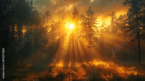 Sun bursting through morning mist in a forest