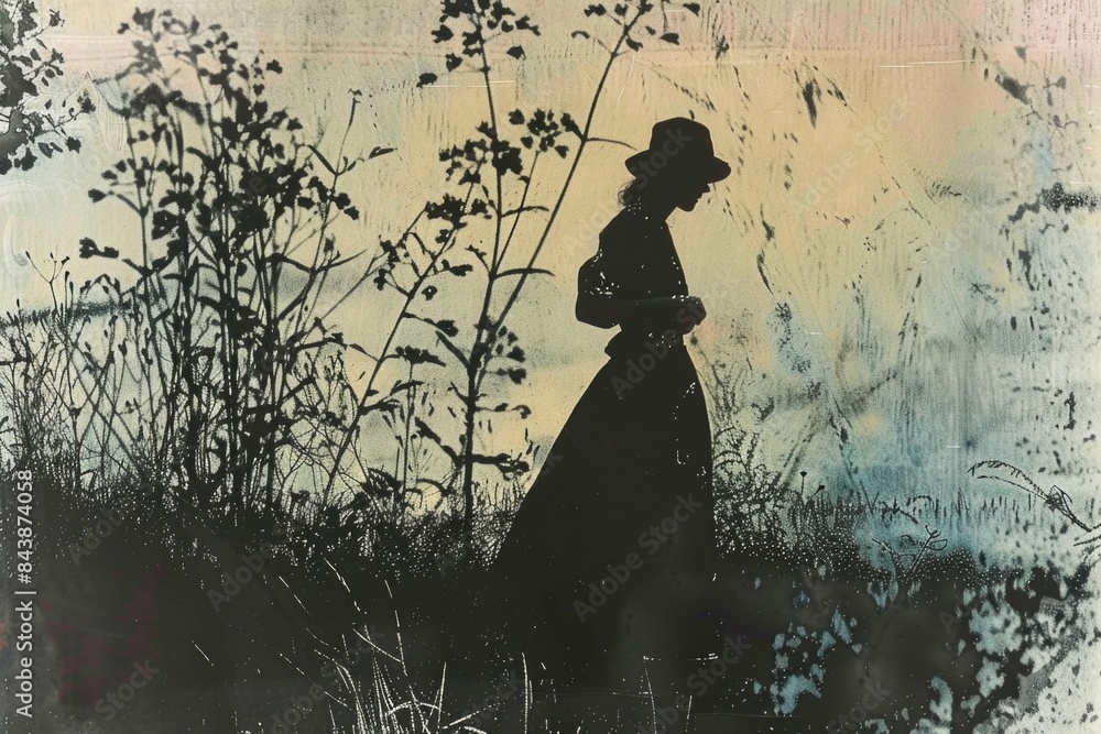 Woman in a long dress and hat walking through a field Woman in a long dress and hat walking through a field