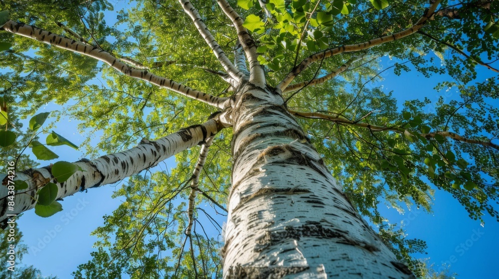 Fototapeta premium A stately birch tree with white bark and sparse green leaves