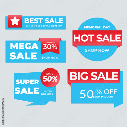 Sale Label collection set. Set ribbon banner and label sticker sale offer and badge tag sale advertising. Discount red ribbons, banners and icons. Cffer discount coupons. Vector illustration.Sale Labe