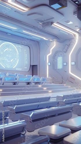 A futuristic lecture hall with tiered seating  holographic projectors  and interactive whiteboards  designed for an immersive educational experience. 32k  full ultra hd  high resolution