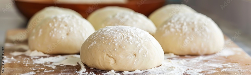 Several doughnuts on a wooden board with flour, pizza dough type , food background Several doughnuts on a wooden board with flour, pizza dough type , food background