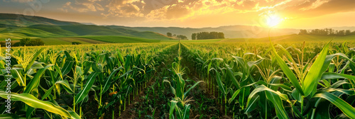Corn field panorama view in sunlight for web banner template.
