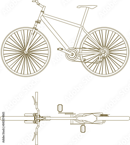 Vector silhouette illustration sketch of a detailed design of a bicycle for sports and championships seen from the top and side