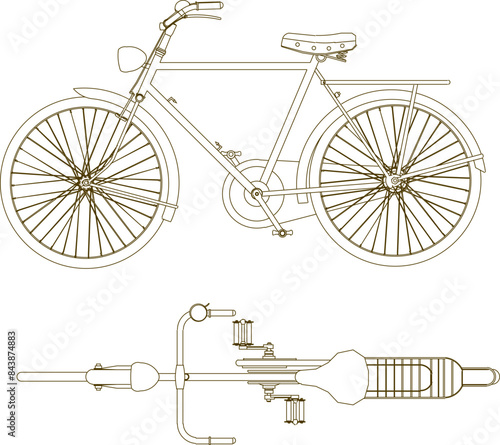 Vector silhouette illustration sketch of a detailed design of a bicycle for sports and championships seen from the top and side 