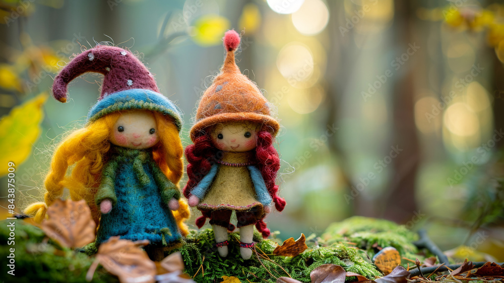 Girl friend dolls are standing in the forest, their outfits are in different colors. Toys made of wool Girl friend dolls are standing in the forest, their outfits are in different colors. Toys made of wool