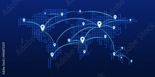 World map with global connections travel technology. Vector illustration in flat design.