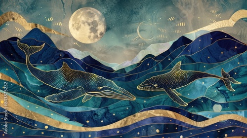 whale swims in the ocean surrounded by mountains and waves with golden lines wallpaper