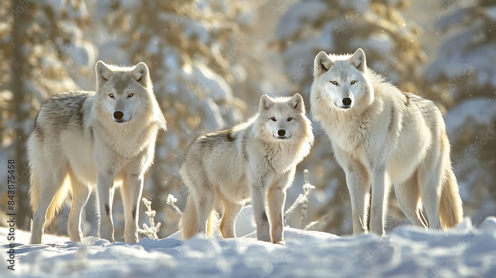 Fototapeta premium Two arctic wolves and cub