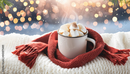 cup of hot chocolate with cinnamon sticks and murshmallow in a rad scarf bokeh winter scenary photo