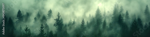 Misty landscape with fir forest in vintage style. There are mountain peaks in the distance