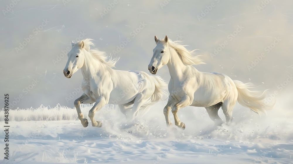 Two galloping white welsh ponies on snow field Two galloping white welsh ponies on snow field