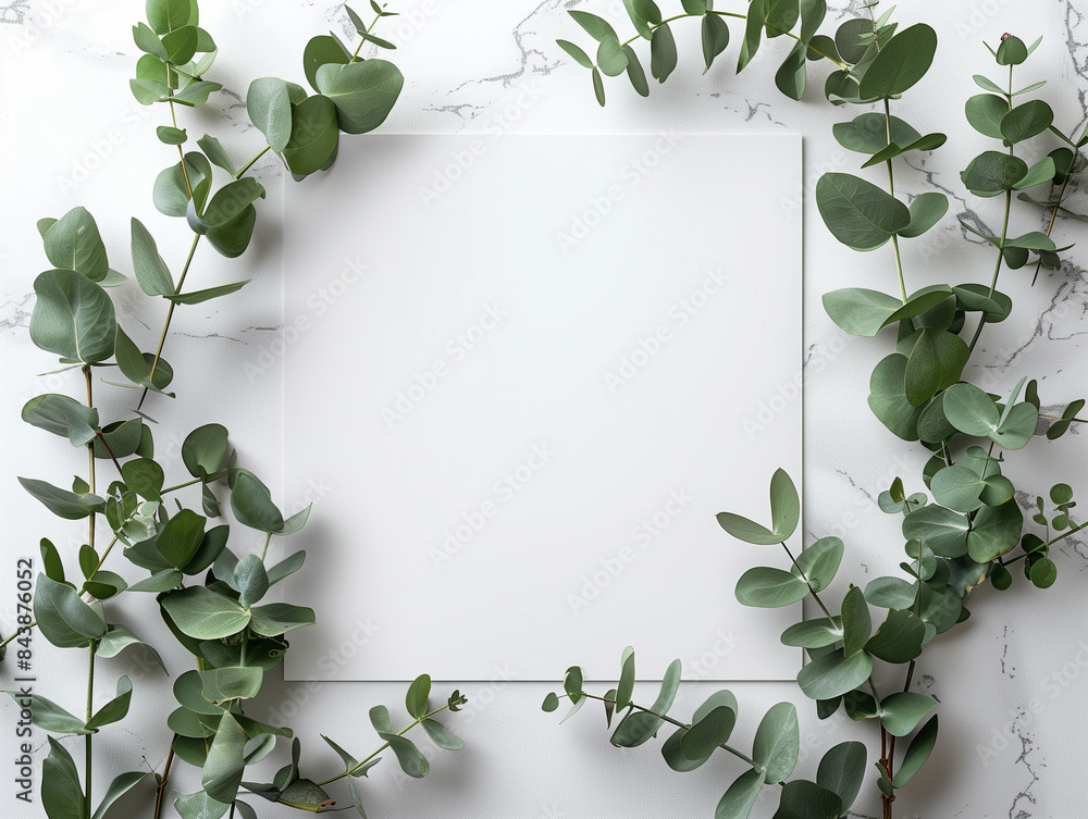 Fototapeta premium Square paper card with corner twigs of green Eucalyptus plant