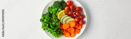 Plate of vegetables and fruits on a white table  vegan diet plate