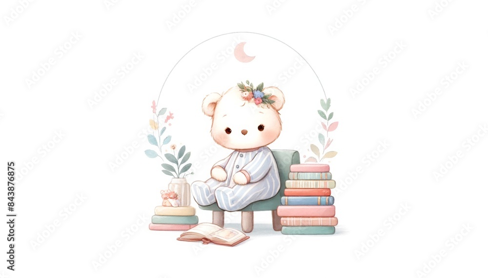 Adorable teddy bear in pajamas sitting with books in bedroom, creating a charming and cozy scene. Adorable teddy bear in pajamas sitting with books in bedroom, creating a charming and cozy scene.