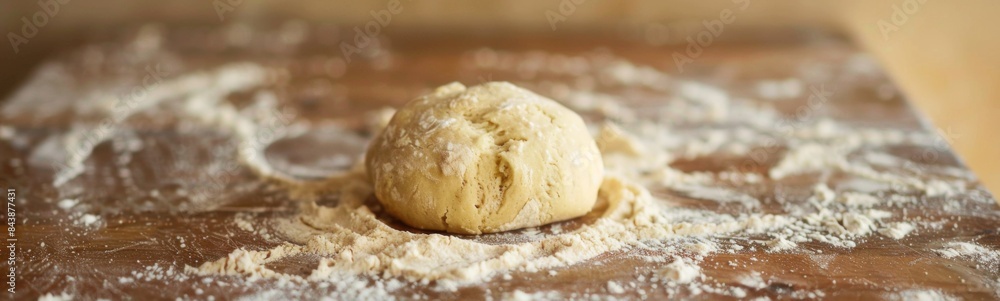 Ball of dough on a wooden table with flour, biscuit dough type Ball of dough on a wooden table with flour, biscuit dough type