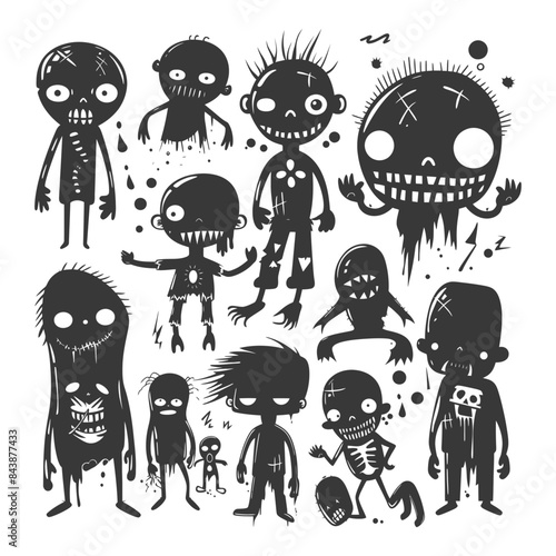 Spooky Doodle Zombies: Silhouetted Monster Clipart Set for Halloween and Horror Designs.