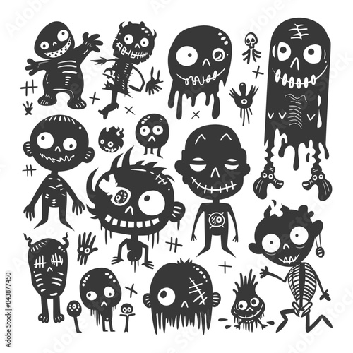 silhouette hand drawn cute zombie kawaii doodle collection set