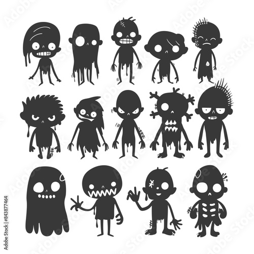 silhouette hand drawn cute zombie kawaii doodle collection set