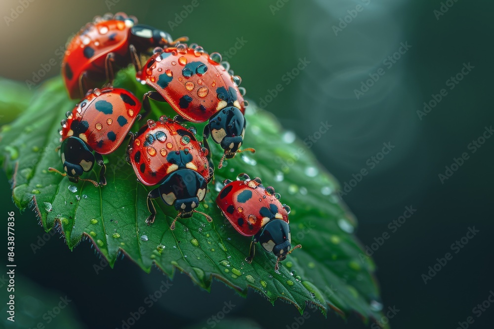 Naklejka premium Ladybugs with red and black spots gather on a fresh green leaf, its surface adorned with shimmering raindrops.