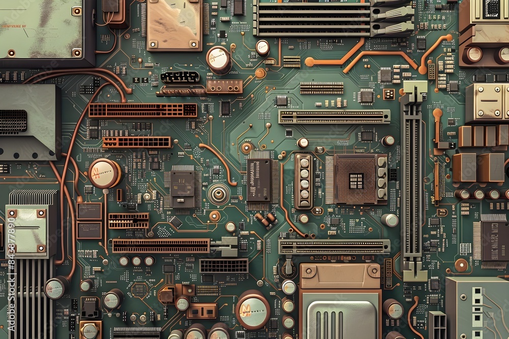 Fototapeta premium Top-down view of an old computer motherboard