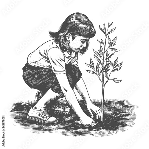little girl planting tree in the ground with engraving style black color only