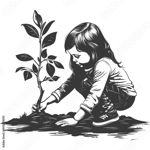 little girl planting tree in the ground with engraving style black color only