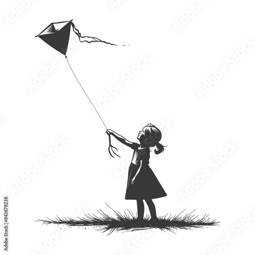 Girl with a Kite: Monochrome Etching Style Illustration