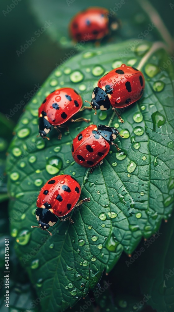 Obraz premium Ladybugs with red and black spots gather on a fresh green leaf, its surface adorned with shimmering raindrops.