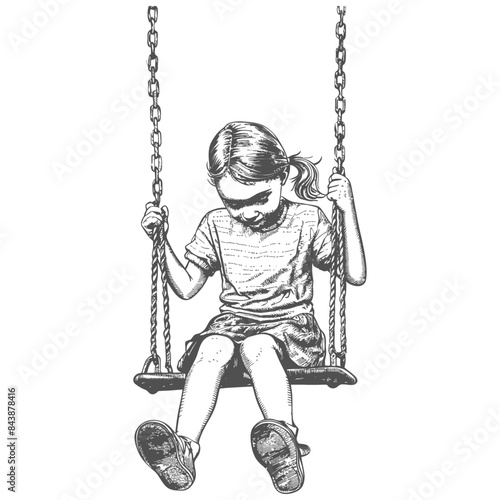 Pensive Girl on Swing, Charcoal Sketch Style, Childhood Solitude.