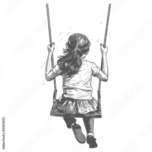 Girl on Swing: Back View, Hand-Drawn Sketch, Childhood Nostalgia, White Background