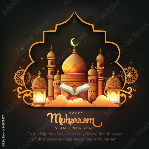 happy Muharram art greetings with golden mosque and brown background wallpaper. abstract vector illustration design.