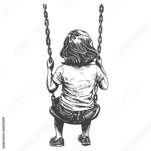 Pensive Child on Swing: Hand-Drawn Illustration of Solitude and Play.