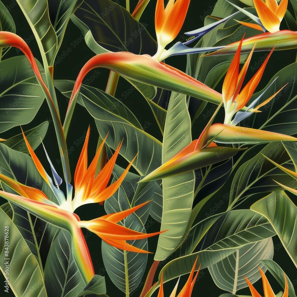 seamless pattern illustration of Strelitzia or Bird of paradise flower blooming Plant

