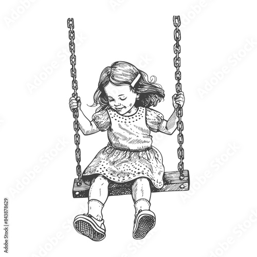 Pencil Sketch: Little Girl Lost in Thought on Swing, Dimples and Dress Detail.
