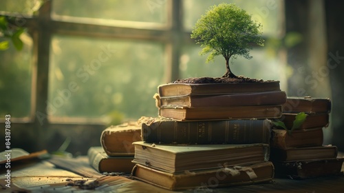 A tree is planted in a book stack. Environmental concept