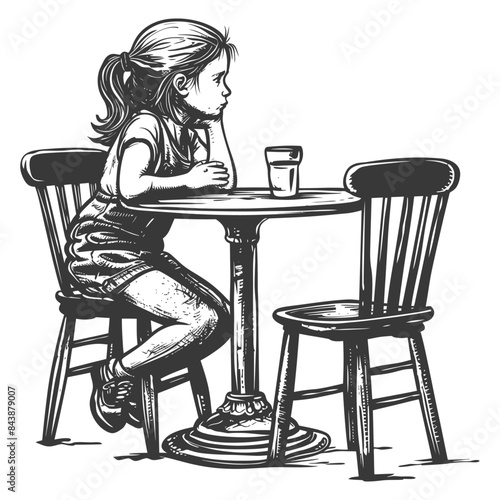 Pensive girl at cafe table, illustration, monochrome, waiting, sketch.